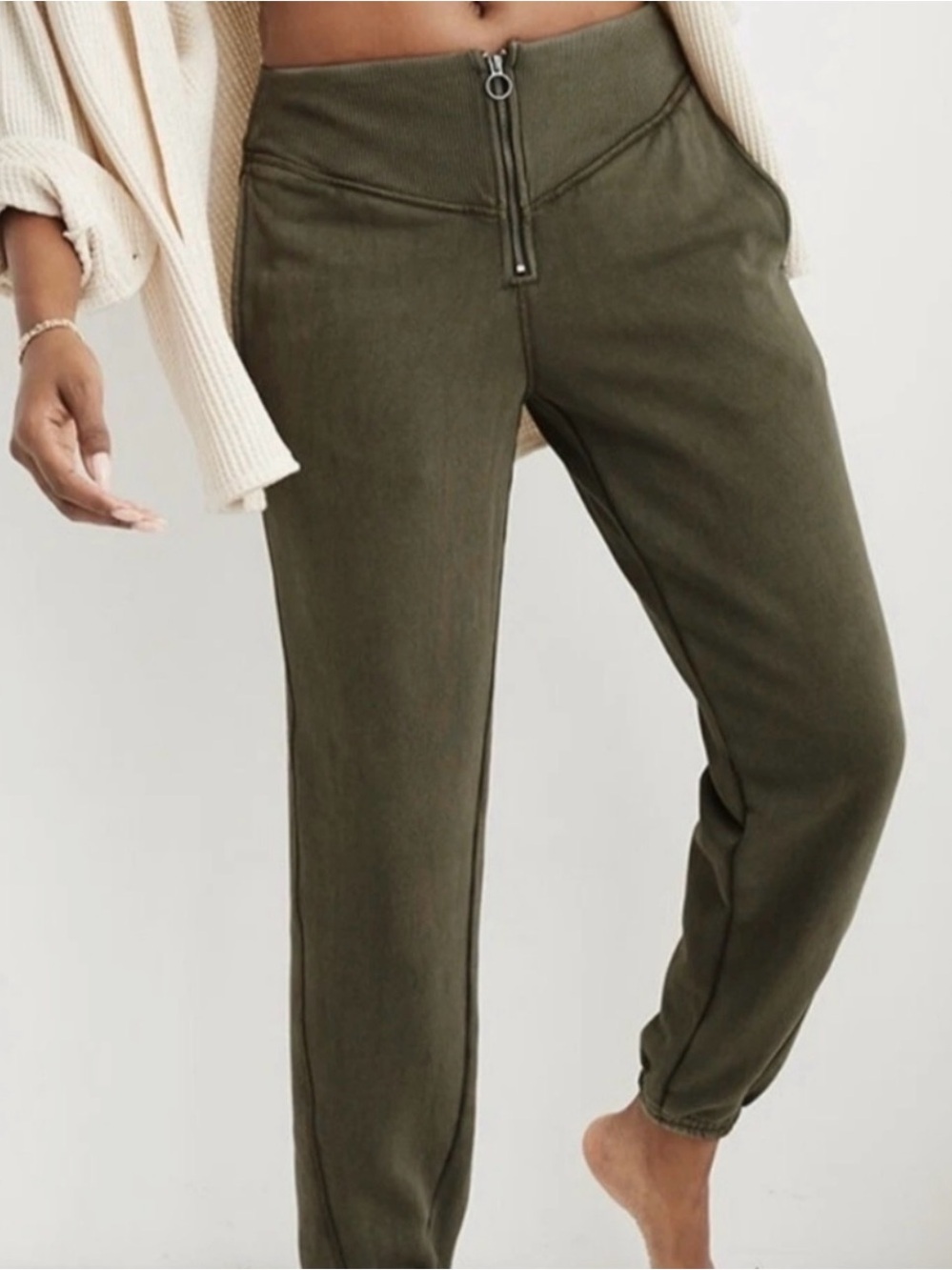 AERIE Olive Green Zip Front Jogger Sweatpants XS High Rise Lounge Pants